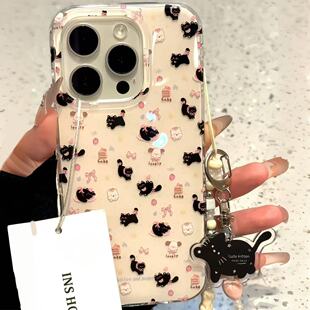 可爱粉色蝴蝶结黑色猫咪适用ihone16promax苹果15pro新款14手机壳