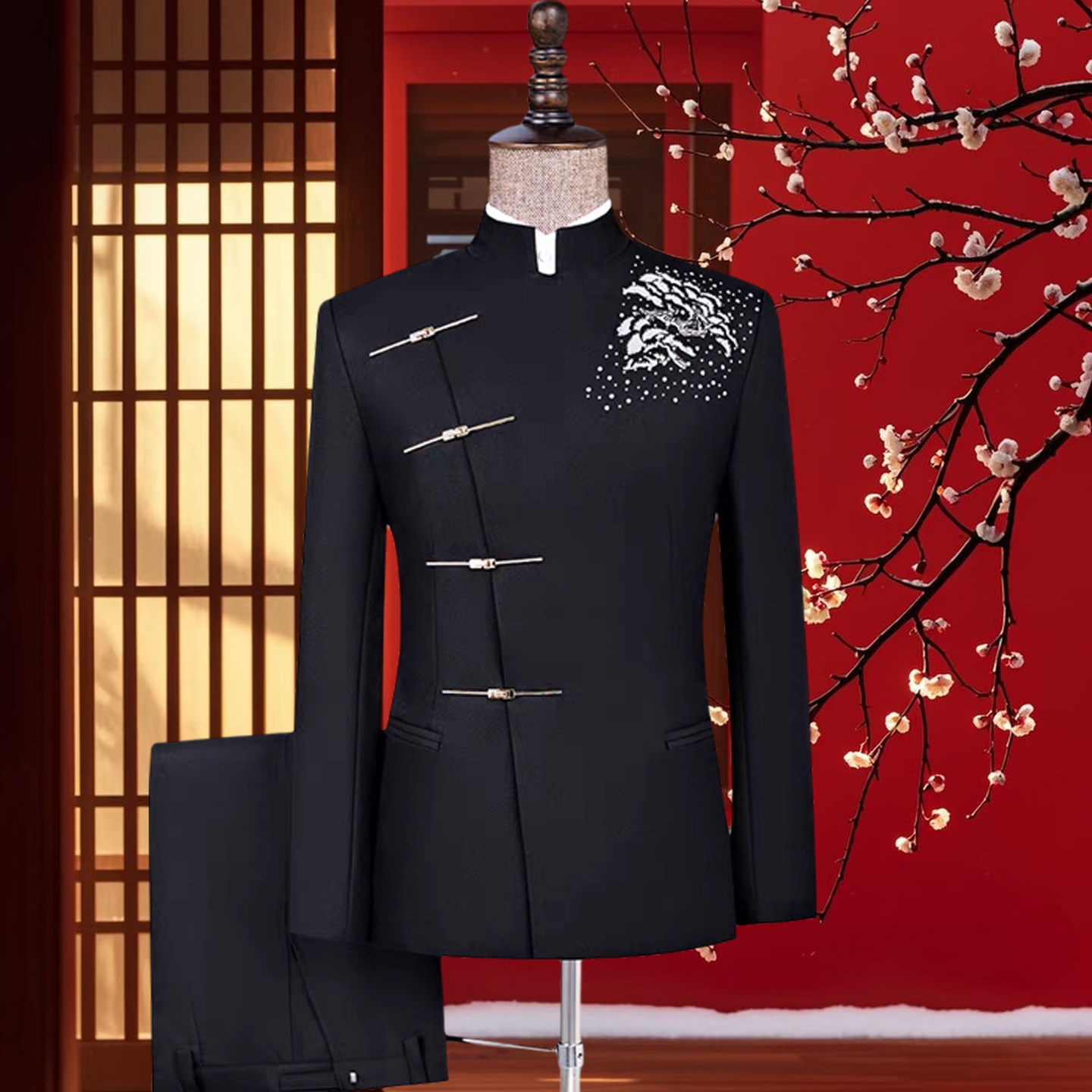 中国风男士秀禾服中山装烫钻演出服订婚礼服学生艺考舞台表演服