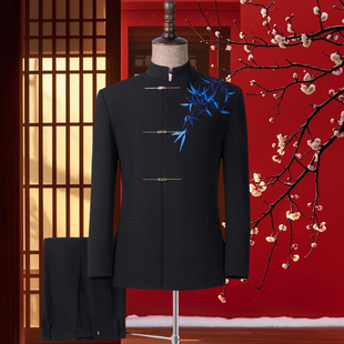 新中式中山装立领刺绣男士高级感国风西装主持人服装团体演出服男