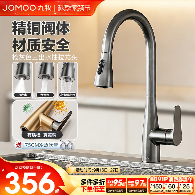 家装主材【政府补贴】九牧抽拉式水龙头精铜厨房洗菜盆防溅冷热可旋转龙头