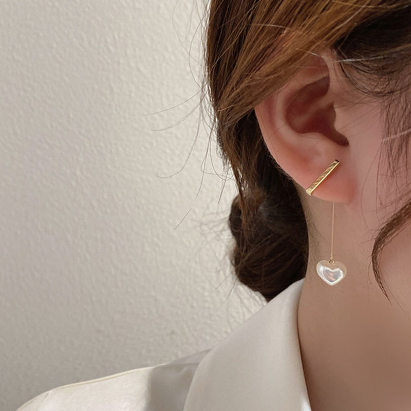 925银针珍珠爱心耳坠耳环女韩国小众简约气质百搭一横字金属耳饰