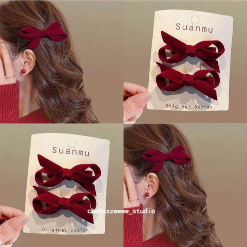 甜系公主头丝绒蝴蝶结刘海夹红色高级感侧边发夹头饰前额刘海边夹
