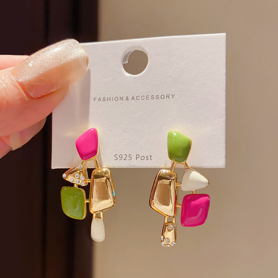 复古法式滴釉几何不规则耳环女小众设计感玫红色高级文化创意手环