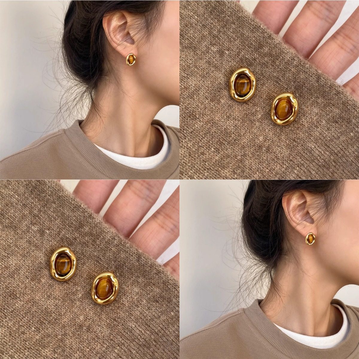 焦糖栗子美拉德风虎眼石椭圆耳钉氛围感复古耳环耳饰文化创意手环