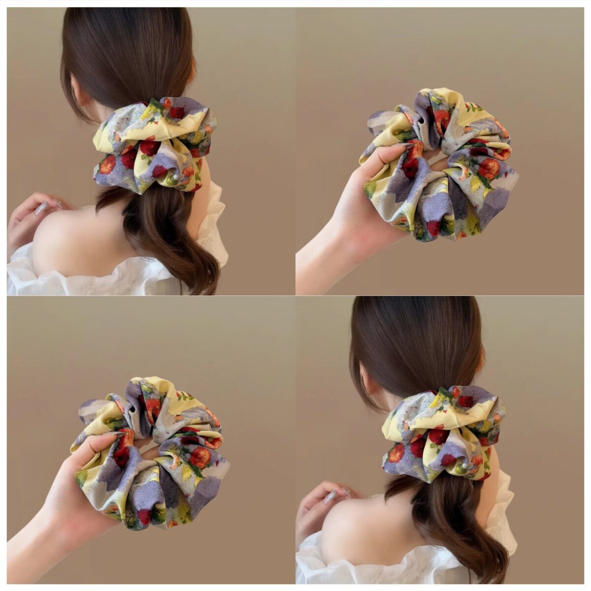 莫奈花园！油画晕染花朵发圈女高弹力气质扎马尾头绳韩国头花发饰