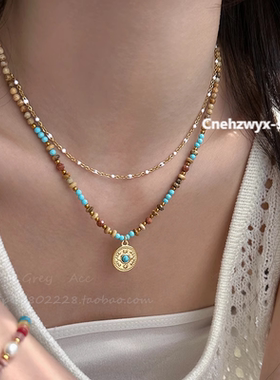 彩色米珠串珠白釉双层叠戴项链女2025款高级感轻奢小众锁骨链颈链