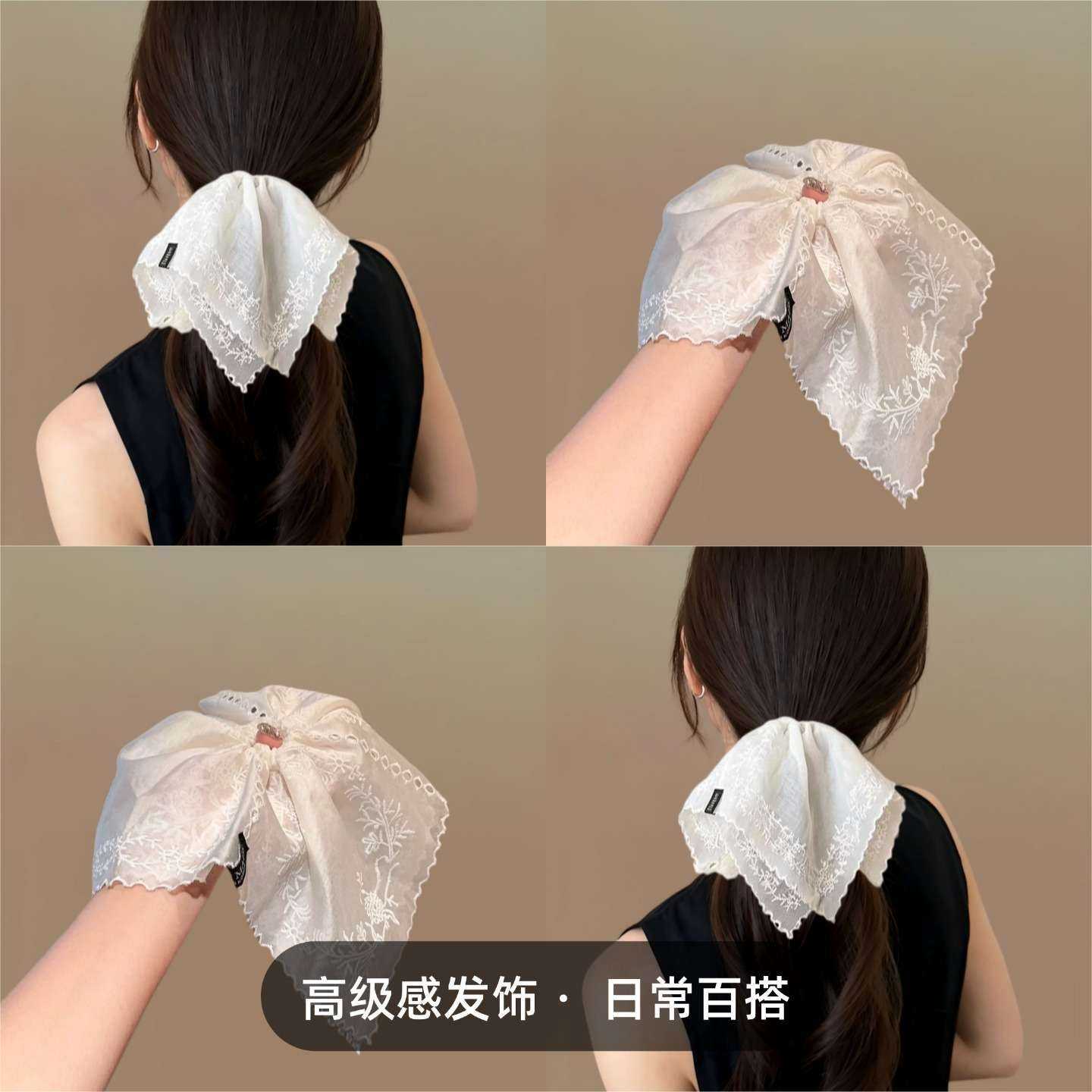 秋冬白色刺绣方巾大肠发圈女高级感扎头发慵懒风超大方形创意手环图片