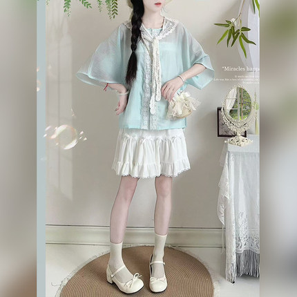 宫羽衣原创{夏末}汉服女圆领衫短衫蕾丝短裙套装夏季清新日常新款