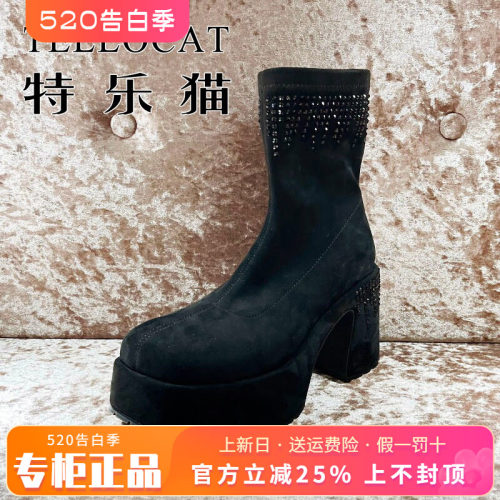 正品TELLOCAT特乐猫2025秋新款水钻高跟水台底短靴TAJ53D35T03