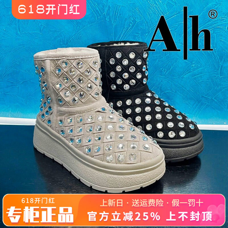 正品AH女鞋2025冬新款圆头休闲羊皮真毛里雪地靴AYH53M25053