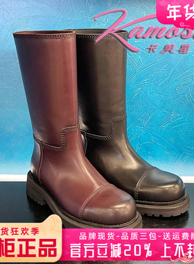正品卡美星女鞋热销冬新款圆头牛皮中跟粗跟中筒靴KMAZ43D28002