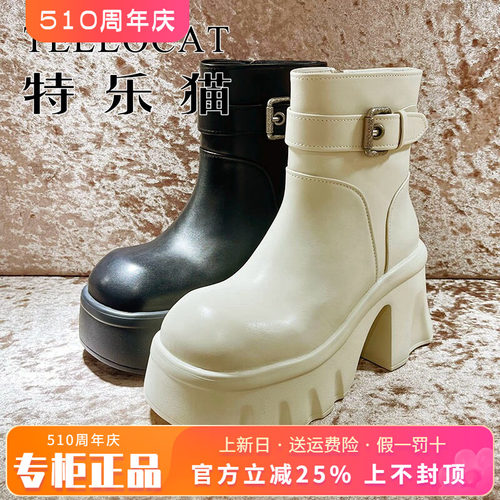 正品TELLOCAT特乐猫女靴热销秋新款粗跟高跟牛皮短靴TLXT43D68061