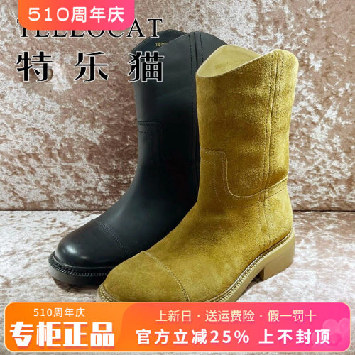 正品TELLOCAT特乐猫女靴热销冬新款圆头粗跟牛皮中靴TMF43D50901