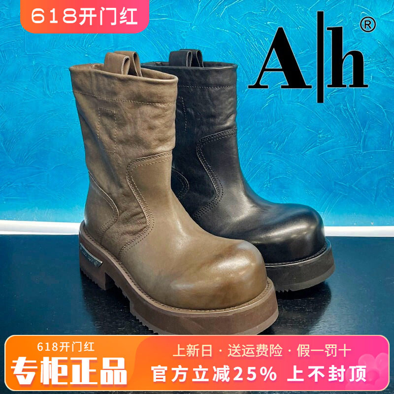 正品Ah女鞋2025冬季新款时尚牛皮圆头粗跟时装靴中靴ANS53D62601