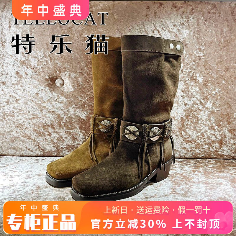 正品TELLOCAT特乐猫2025冬新款牛皮方头中跟粗跟长靴TXY53D05909