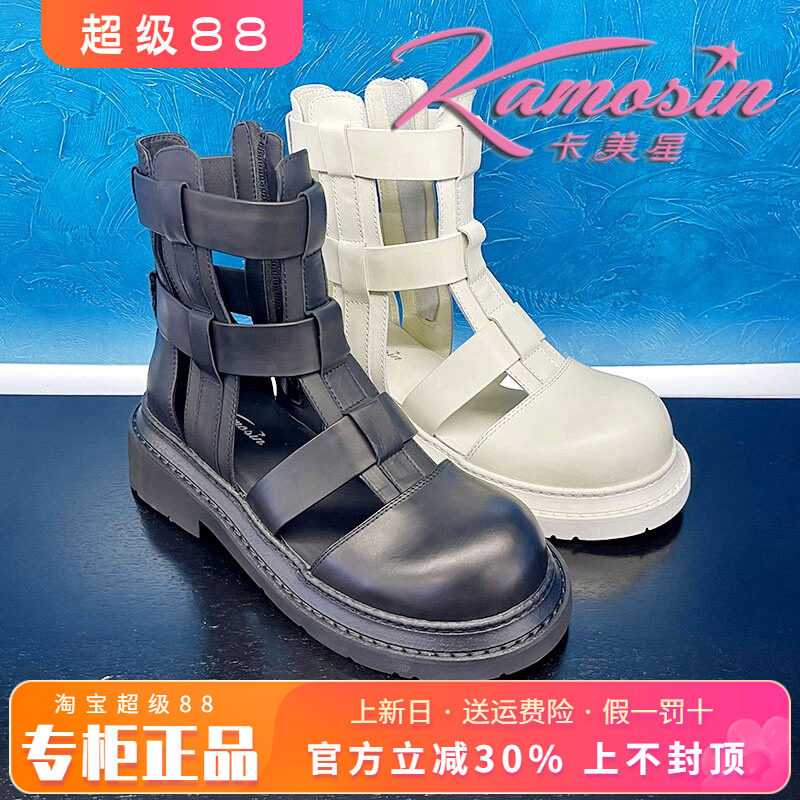 真牛皮圆头粗跟女鞋卡美星罗马风
