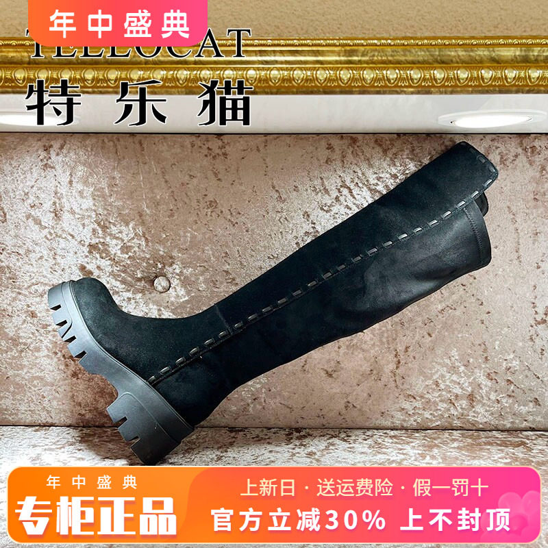 正品TELLOCAT特乐猫2025冬新款牛皮圆头高跟粗跟长靴TOS53D22012