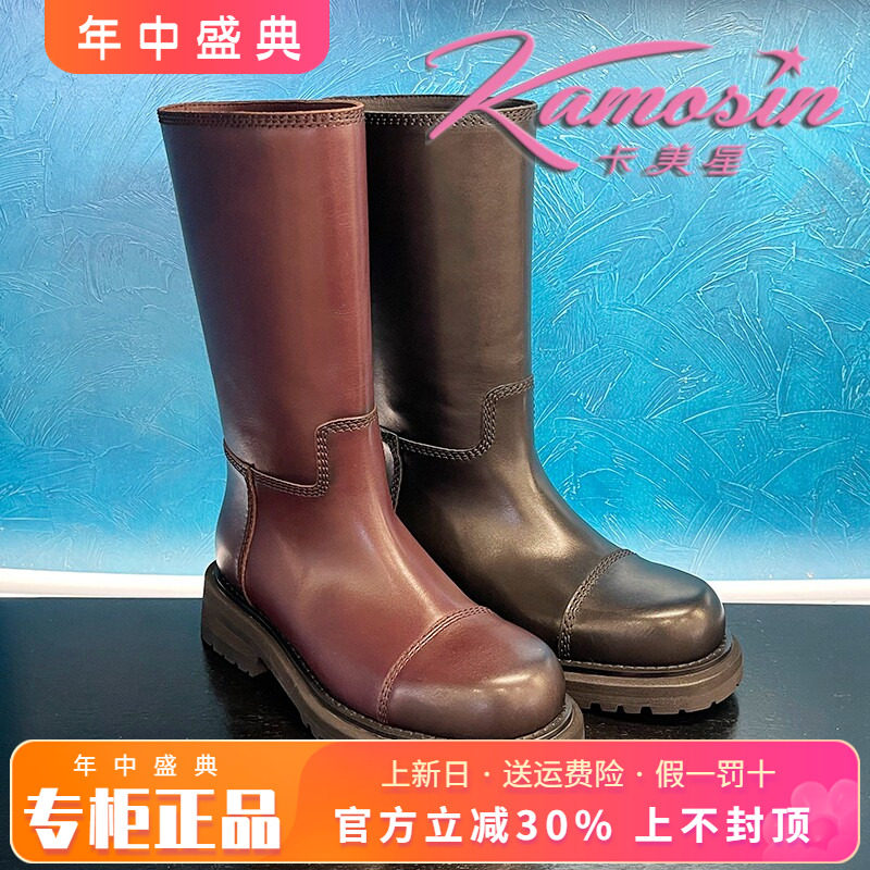 正品卡美星女鞋热销冬新款圆头牛皮中跟粗跟中筒靴KMAZ43D28002