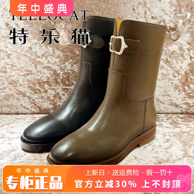 正品TELLOCAT特乐猫女靴热销冬款圆头粗跟牛皮中筒靴TLNS43D08020