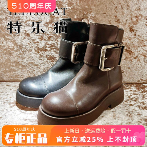 小牛皮女靴粗跟短靴特乐猫