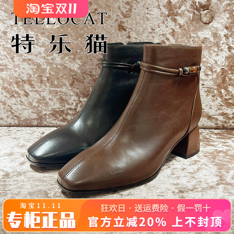 正品TELLOCAT特乐猫2025冬新款高跟粗跟方头拉链短靴TCM53D27B05