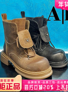 正品Ah女鞋2025冬季新款时尚羊皮圆头粗跟马丁靴短靴AXH53D50103
