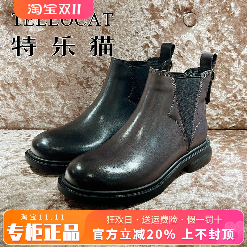 正品TELLOCAT特乐猫2025冬新款牛皮圆头粗跟短靴TZM53D82201