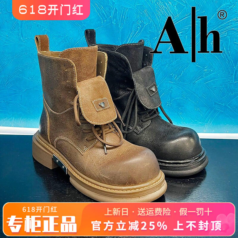 正品Ah女鞋2025冬季新款时尚羊皮圆头粗跟马丁靴短靴AXH53D50103