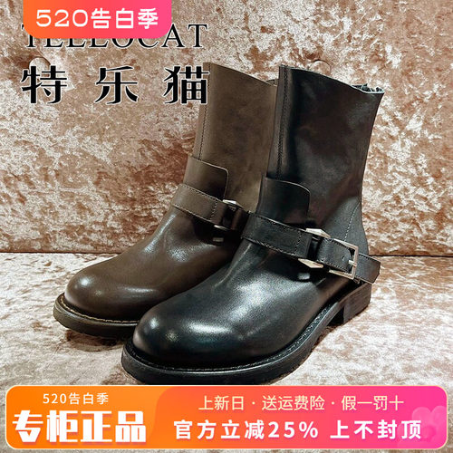 正品TELLOCAT特乐猫女靴2025秋新款牛皮中跟圆头短靴TMG53D60503