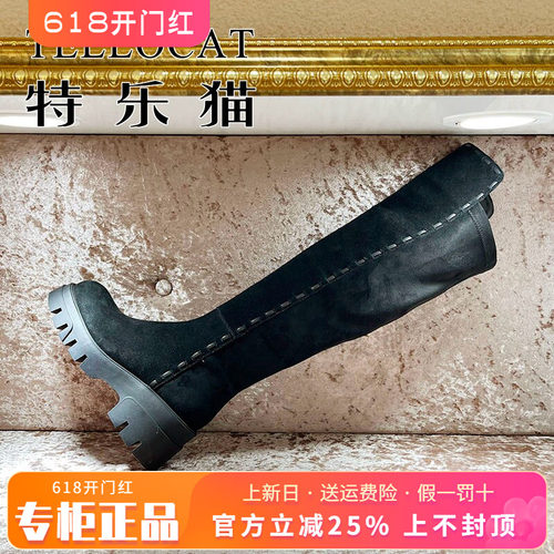 正品TELLOCAT特乐猫2025冬新款牛皮圆头高跟粗跟长靴TOS53D22012