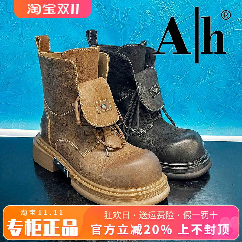 正品Ah女鞋2025冬季新款时尚羊皮圆头粗跟马丁靴短靴AXH53D50103