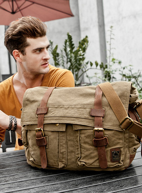 户外休闲复古单肩帆布邮差斜挎包男潮通勤加大号17寸笔记本电脑包