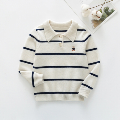 山羊绒白色儿童毛衣条纹男女童翻领羊毛衫宝宝外套韩版小熊