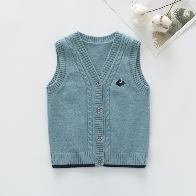 男童毛衣背心开衫儿童羊绒衫马甲蓝色胸标中小童针织衫V领绞花秋