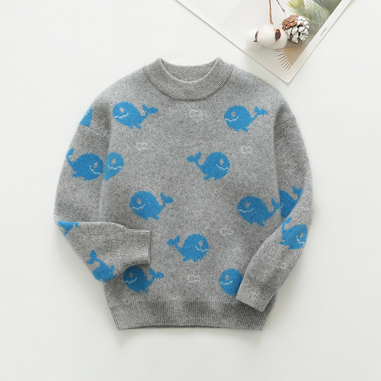 洪叶云台100%厚款儿童羊绒杉男童毛衣灰色女童羊毛针织衫卡通鲸鱼