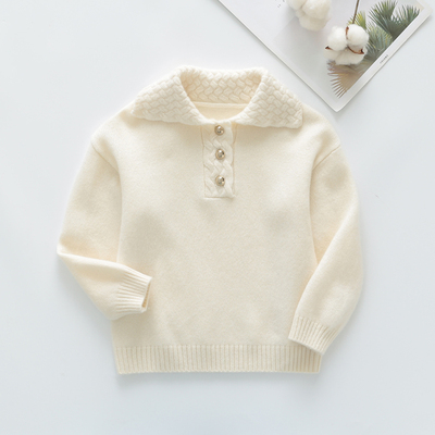 康赛妮纱线100%纯山羊绒女童翻领毛衣奶白色羊绒衫儿童针织