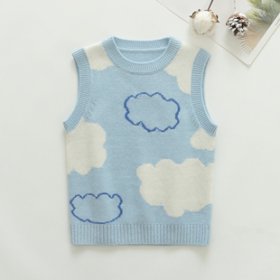 春秋季男童女童羊绒衫背心儿童毛衣马甲宝宝羊毛衫小童天蓝色云朵