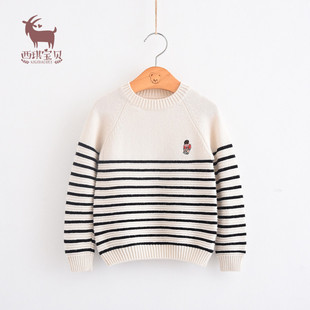 100%纯羊绒男童羊毛衫女童黑白条纹儿童羊绒毛衣装套头潮中大童