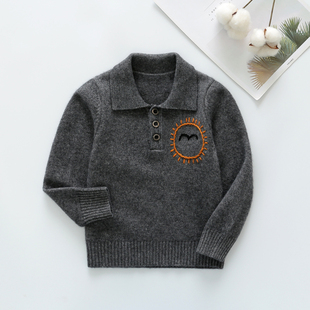 秋冬新款男童羊绒衫深灰色翻领儿童毛衣外套中小童纯羊毛衫男宝宝