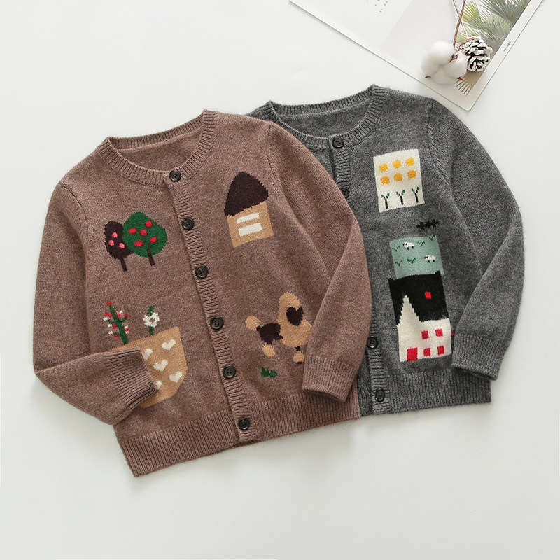 山羊绒儿童毛衣开衫圆领男童女童羊毛衫宝宝针织衫外套卡通灰色