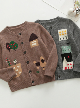 山羊绒儿童毛衣开衫圆领男童女童羊毛衫宝宝针织衫外套卡通灰色
