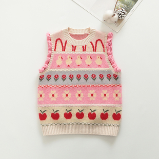 秋冬季女童羊绒衫背心圆领儿童毛衣马甲女宝宝羊毛衫中小童粉色