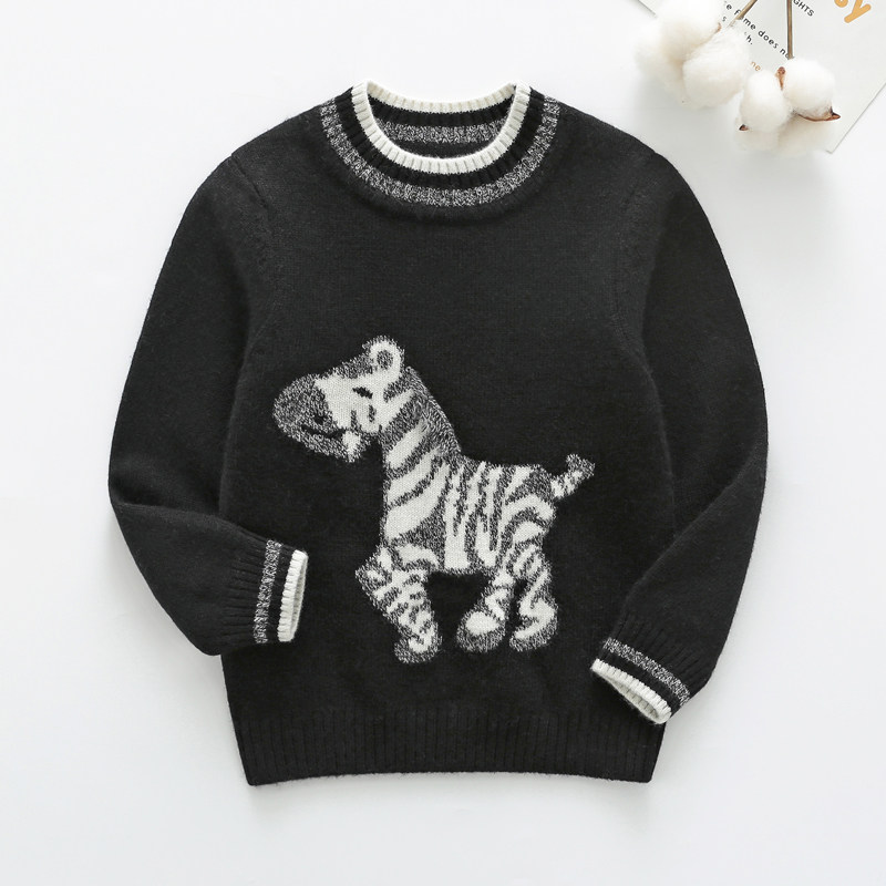 冬季儿童毛衣男童卡通动物斑马圆领黑色羊毛衫男宝宝羊绒衫韩版