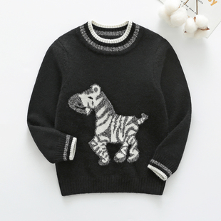 冬季儿童毛衣男童卡通动物斑马圆领黑色羊毛衫男宝宝羊绒衫韩版