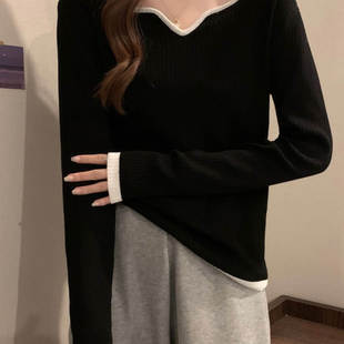 胖mm显瘦遮肚子内搭毛衣打底衫 秋冬大码 上衣女装 黑色正肩v领长袖