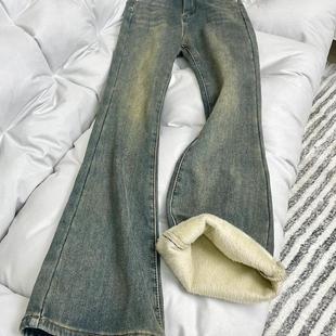 胖mm高腰遮胯弹力微喇马蹄裤 大码 女冬季 复古蓝直筒加绒加厚牛仔裤