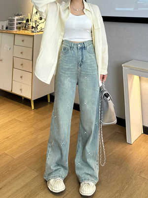 直筒裤大码微胖穿搭刺绣高腰阔腿