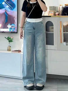 宽松显瘦垂感拖地直筒裤 胖mm高腰阔腿裤 女春秋大码 浅色刺绣牛仔裤
