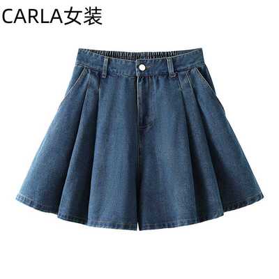 百褶高腰常规夏季牛仔a字短裤