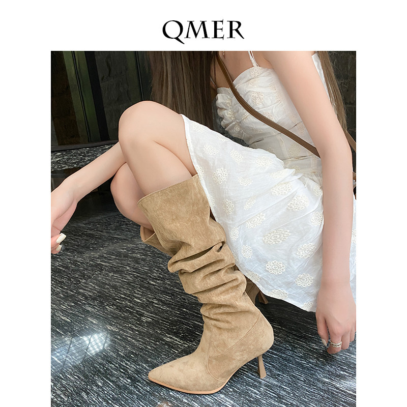 秋美儿Qmer 大筒围高跟磨砂尖头堆堆靴女细跟真皮长筒过膝粗腿夏